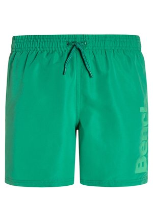Groene zwemboxers met een elastische tailleband en een verstelbaar trekkoord. Voorzien van een logo print aan de zijkant. Gemaakt van lichtgewicht, sneldrogend materiaal.