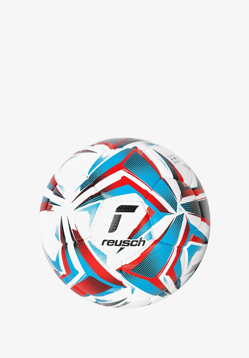 Soccer ball featuring a white surface with red, blue, and black geometric patterns. The brand "Reusch" is prominently displayed in black.