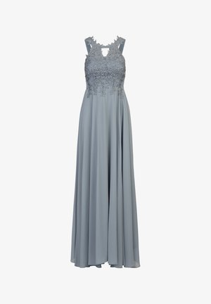 Lang, mouwloos jurk van lichtblauwe chiffon, met ingewikkelde bloemborduring op de romp en een sleutelgatenhalslijn. Vloeiende silhouet.