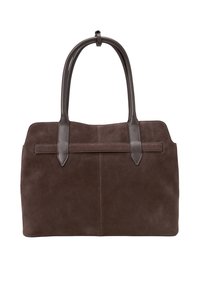 Braune Wildleder-Tasche mit dunkelbraunen, glänzenden Ledergriffen und flachem oberen Teil. Besitzt ein minimalistisches Design ohne zusätzliche Beschläge oder Akzente.