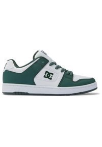 Green and white sneaker with a leather upper, padded collar, and flat laces. Features a logo on the side and a rubber sole with traction pattern.