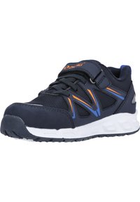 Scarpa sportiva navy realizzata in rete e materiali sintetici, con accenti arancioni e blu, un cinturino in velcro e una suola bianca texturizzata.