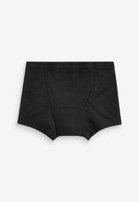 Schwarze Baumwollunterwäsche mit glatter Oberfläche, mittelhoher Passform, kurzen Beinöffnungen und minimalen Nähdetails.