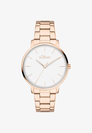 s.Oliver runde Uhr mit einem roségoldenen Metallarmband, weißem Zifferblatt, schlanken Zeigern und minimalistischem Design. Mit kleinen Stundenmarkierungen rund um die Lünette.