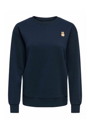 Marineblauwe sweatshirt met lange mouwen, geribbelde halslijn en boorden, voorzien van een klein, geborduurd berenmotief op de linkerborst.