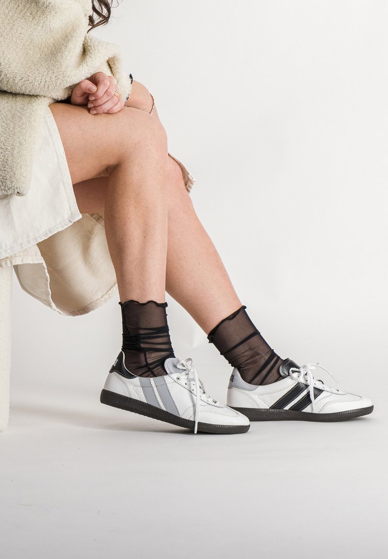 Personne assise, jambes croisées, portant des baskets blanches avec des rayures noires et grises, des chaussettes noires transparentes et un manteau léger.