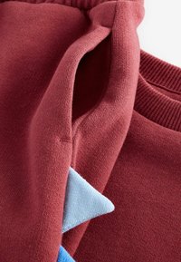 Bordowy sweatshirt o miękkiej fakturze, z aplikacjami w kształcie niebieskich trójkątów oraz ściągaczami przy rękawach, prezentujący swobodny styl.