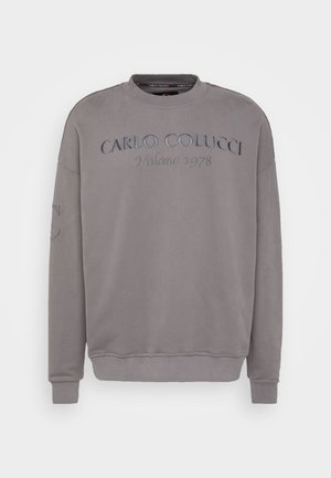 Grey sweatshirt featuring embroidered text "CARLO COLUCCI Milano 1978" on the front and ribbed cuffs and hem, with a crew neckline.