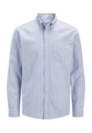 Világoskék, gombos ing fehér és sárga függőleges csíkokkal, gallérral, hosszú ujjakkal, valamint egy mellel ellátott zsebből áll. Puha szövettextúra.