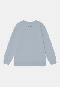Light blue sweatshirt with long sleeves, ribbed cuffs, and hem. Features a logo above the back neckline. Smooth fabric texture.