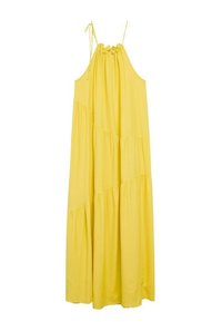 Longue robe jaune sans manches avec fines bretelles à nouer et encolure froncée, comprenant des panneaux de tissu à étages.