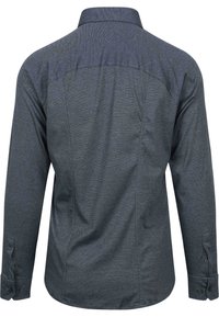 Langemouwig shirt van donkergrijze stof, met een puntige kraag, knoopmanchetten en een gestructureerd, licht gemêleerd patroon op de achterkant.