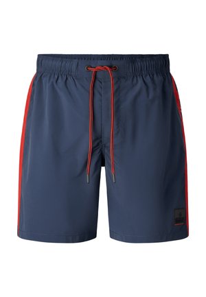 Marineblauwe zwemshorts met rode zijstrepen en een bijpassende rode trekkoord aan de elastische tailleband, voorzien van een klein zwart logoplaatje op het linkerbeen.