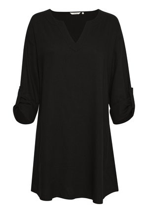 Túnica negra con mangas largas remangadas, que presenta un escote en V y un corte holgado. Fabricada con un tejido ligero y de textura suave.