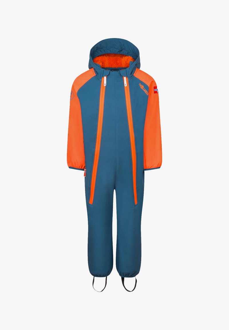 Bērnu zila un spilgti oranža kapuces sniega kostīms ar diviem priekšējiem rāvējslēdzējiem, elastīgiem piedurknēm un kāju siksnām, lai nodrošinātu drošu piestiprināšanu.