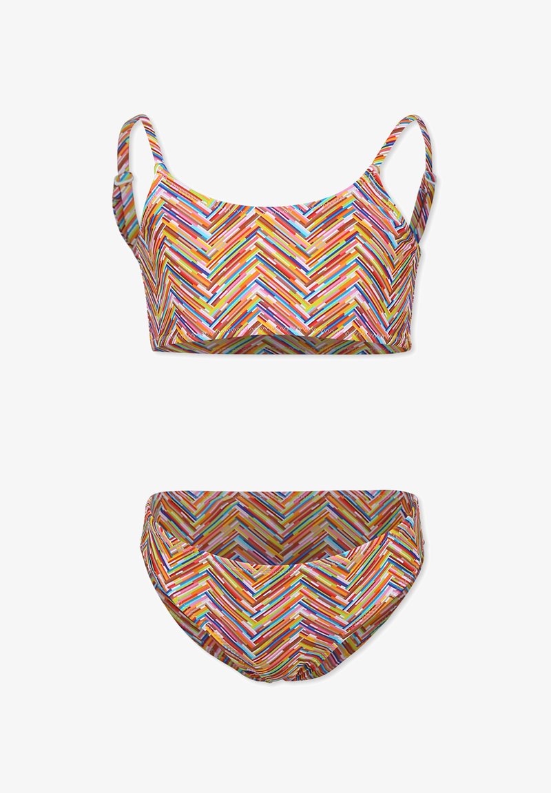 Costume da bagno a due pezzi con un motivo zigzag multicolore in tonalità vivaci. Realizzato in un tessuto morbido e elasticizzato con spalline regolabili.
