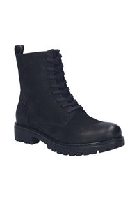 Bottes noires à chevilles en daim, présentant un laçage à l'avant, un bout rond, une surface texturée et une semelle en caoutchouc robuste avec des crampons prononcés.