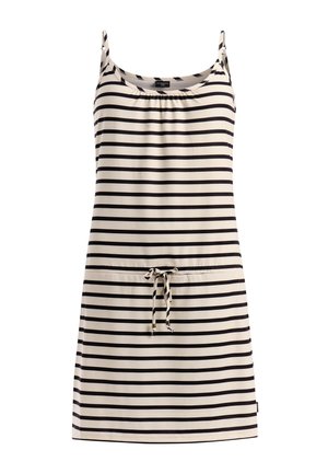Mouwloze beige jurk met zwarte horizontale strepen en een dun koordceintuur in de taille, met een ronde halslijn.