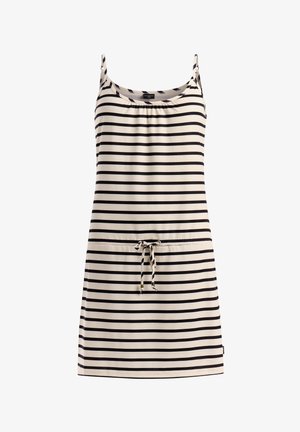 Mouwloze beige jurk met zwarte horizontale strepen en een dun koordceintuur in de taille, met een ronde halslijn.