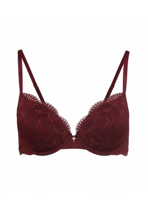 Bordeaux gevoerde bh met doorschijnende bloemenkant, gegolfde randen, verstelbare bandjes en een kleine decoratieve hanger in het midden.