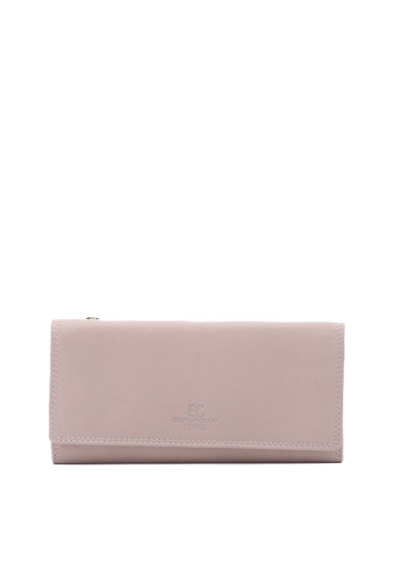 Portafoglio in pelle rosa chiaro, forma rettangolare, con logo impresso e cuciture discrete. Dotato di chiusura con zip e superficie liscia.