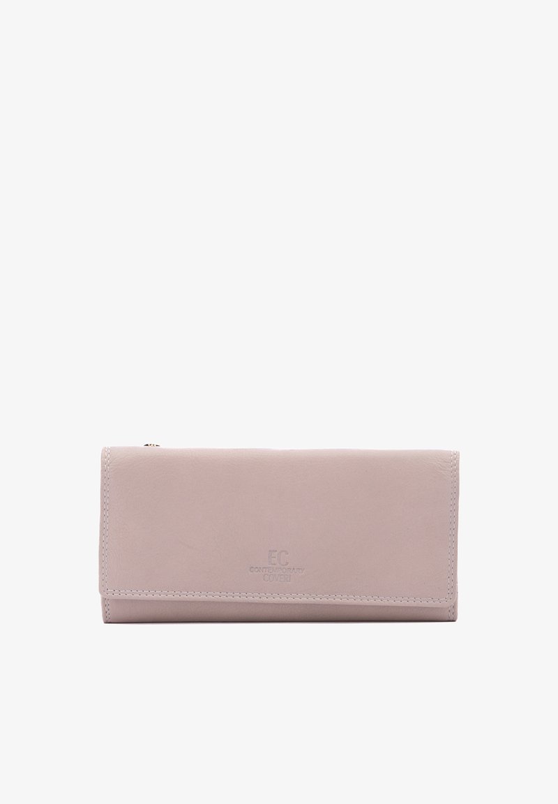 Light pink leather wallet, rectangular shape, with embossed logo and discreet stitching. Features a zip closure and smooth texture.