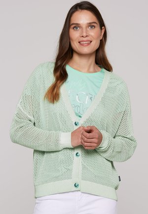 Minzgrüner, offener Strickcardigan mit V-Ausschnitt, langen Ärmeln und Knopfverschluss. Mit gerippten Bündchen und Saum, kombiniert mit einem passenden T-Shirt.