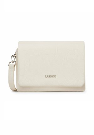 Bílá texturovaná kožená obdélníková kabelka přes rameno s klopou, kovovým logem LASOCKI a odnímatelným popruhem s kovovými sponami.