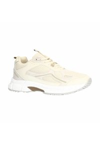 Licht beige sport schoen met een bovenwerk van mesh, een gevoerde kraag en een witte zool. Voorzien van tekstuurlijke accenten en een versterkte neus.
