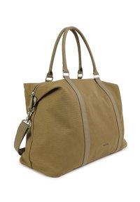 Sac cabas en toile kaki avec deux poignées, une bandoulière amovible et des accents gris clair contrastants ainsi qu'un détail zippé.