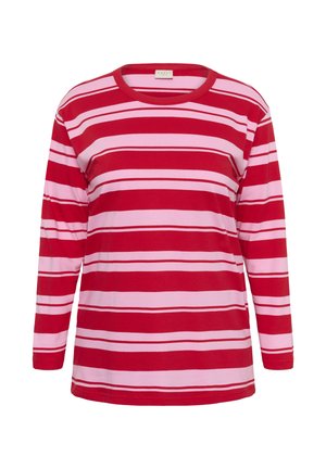 Garām piedurknēm krekls ar sarkanām un rozā horizontālām svītrām, apaļu kaklu, mīkstu kokvilnas materiālu un vaļēju piegriezumu.