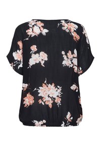 Black floral blouse featuring large peach and white roses, short batwing sleeves, and a gathered hem for a relaxed fit. Smooth texture.