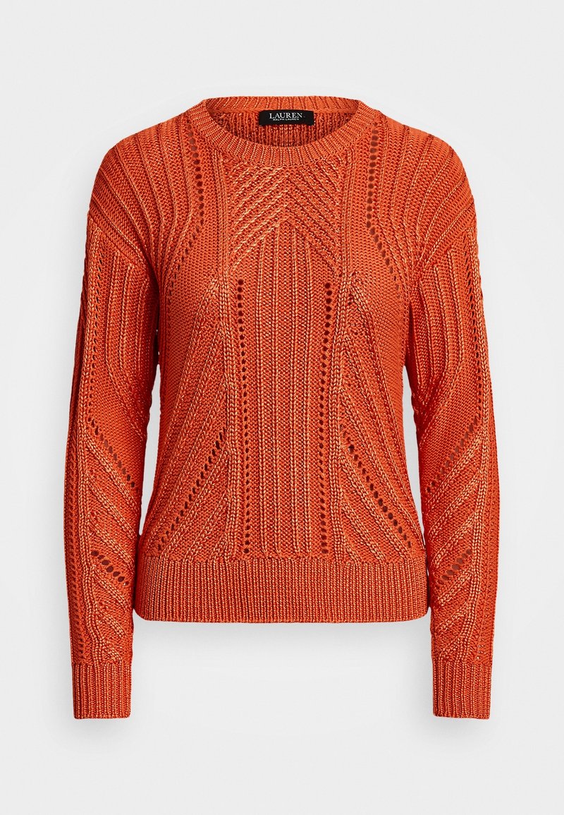 Knit orange sweater with a round neckline, textured pattern, and open weave details. Features ribbed cuffs and hem for a snug fit.