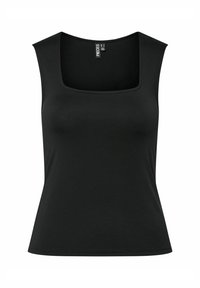 Top senza maniche nero con scollatura quadrata, realizzato in un tessuto liscio. Presenta una silhouette attillata e nessun hardware o motivo visibile.