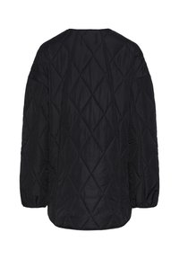 Giacca nera trapuntata con motivo a diamante, maniche lunghe e scollatura tonda. Materiale liscio e leggero con retro semplice.