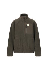 Veste en polaire de couleur vert olive foncé, avec un col montant, une fermeture éclair à l'avant, deux grandes poches latérales et une poche sur la poitrine avec un patch logo.