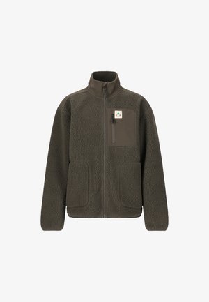 Pusero fleece tummen oliivinvihreänä, jossa on korkea kaula-aukko, etuvetoketju, kaksi suurta sivutaskua ja rintatasku, jossa on logopatch.