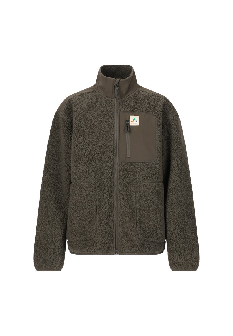 Veste en polaire de couleur vert olive foncé, avec un col montant, une fermeture éclair à l'avant, deux grandes poches latérales et une poche sur la poitrine avec un patch logo.
