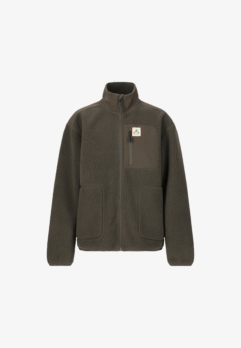 Pusero fleece tummen oliivinvihreänä, jossa on korkea kaula-aukko, etuvetoketju, kaksi suurta sivutaskua ja rintatasku, jossa on logopatch.