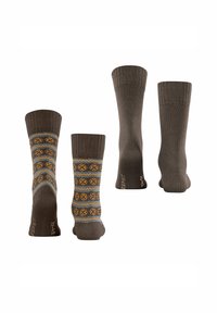 Braune Socken mit einem gestrickten Design, das ein Muster aus orangefarbenen und blauen geometrischen Formen im unteren Bereich zeigt. Gerippte Bündchen.