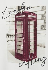 Red telephone box with glass panels, featured against a black-and-white background, accompanied by the text "London calling" in cursive.