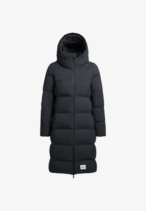 Giacca a vento nera con collo alto e cappuccio, dotata di chiusura con zip, texture trapuntata e patch con logo in basso.