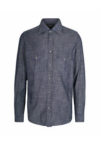Camicia da uomo a maniche lunghe in tessuto blu scuro a trama, con chiusura a bottoni, due tasche sul petto e un design del colletto classico.