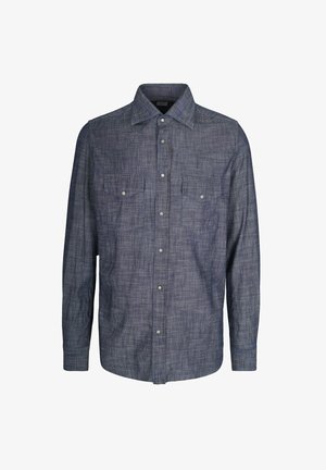 Camicia da uomo a maniche lunghe in tessuto blu scuro a trama, con chiusura a bottoni, due tasche sul petto e un design del colletto classico.