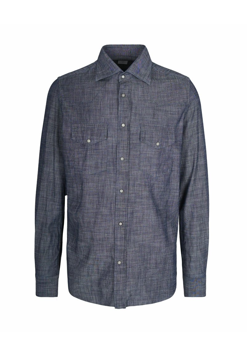 Camicia da uomo a maniche lunghe in tessuto blu scuro a trama, con chiusura a bottoni, due tasche sul petto e un design del colletto classico.