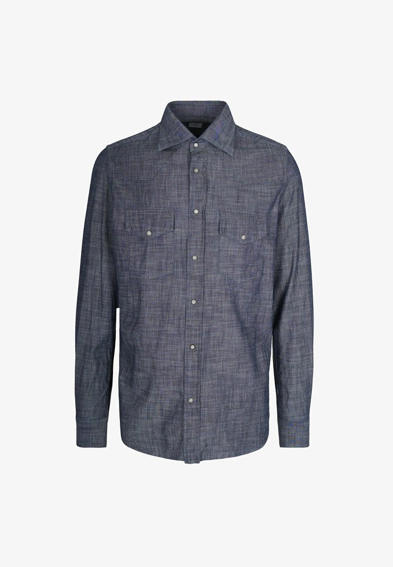 Camicia da uomo a maniche lunghe in tessuto blu scuro a trama, con chiusura a bottoni, due tasche sul petto e un design del colletto classico.