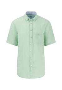 Camicia a maniche corte, con bottoni, in lino verde chiaro con taschino sul petto e orlo arrotondato. Presenta un colletto classico e bottoni bianchi.