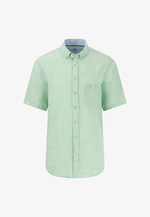 Short-sleeve, button-up shirt in light green linen with a chest pocket and rounded hem. Features a classic collar and white buttons.