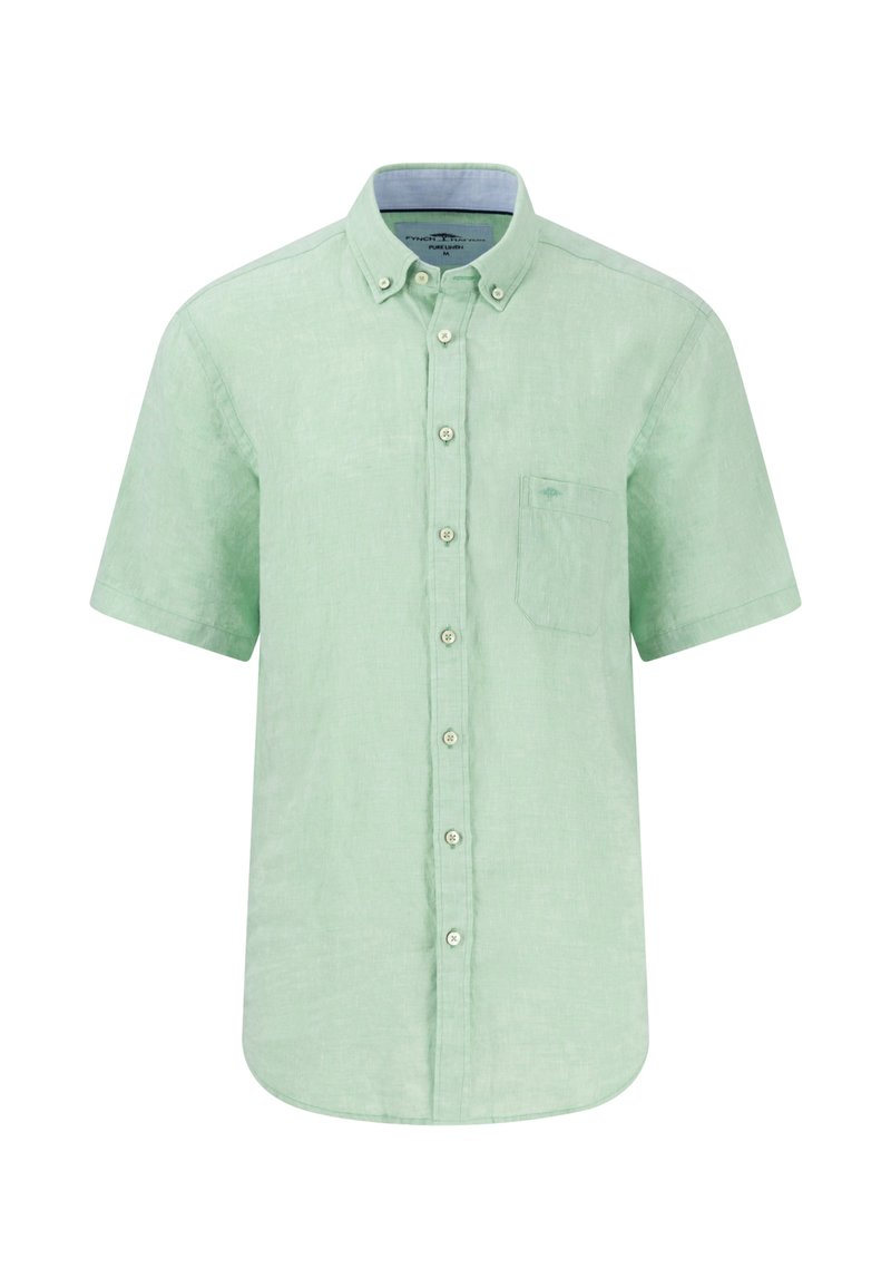 Camicia a maniche corte, con bottoni, in lino verde chiaro con taschino sul petto e orlo arrotondato. Presenta un colletto classico e bottoni bianchi.