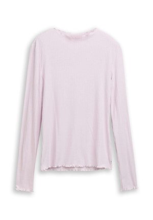 Haut à manches longues rayé rose clair avec un ourlet en salade sur les poignets et le col, présenté à plat sur un fond blanc.